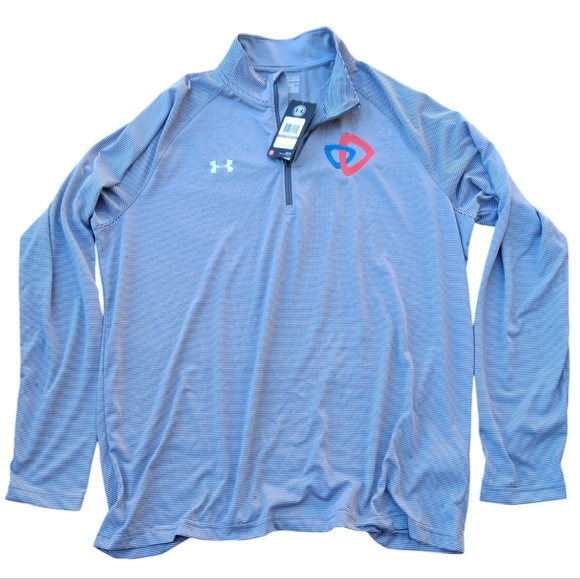 UNDER ARMOUR MEN'S XXL BLUE AND WHITE LONG SLEEVE MOCK COLLAR ZIP COLLAR SHIRT. - Picture 1 of 8